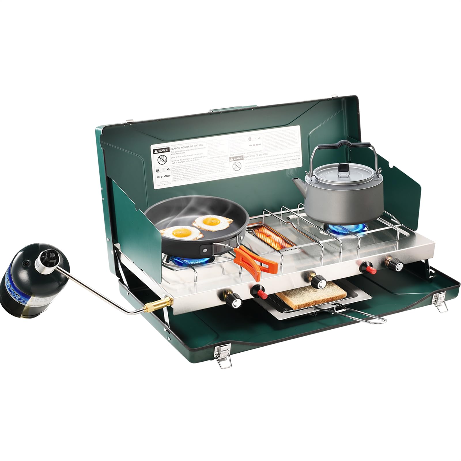 2 Burner Propane Camping Stove, Portable Camp stove/Grill with Adjustable Burners, Wind Guards, Toast Tray, Push-Button Instant Ignition, Total 20400 BTU for Camping, Picnics, Backyard BBQ