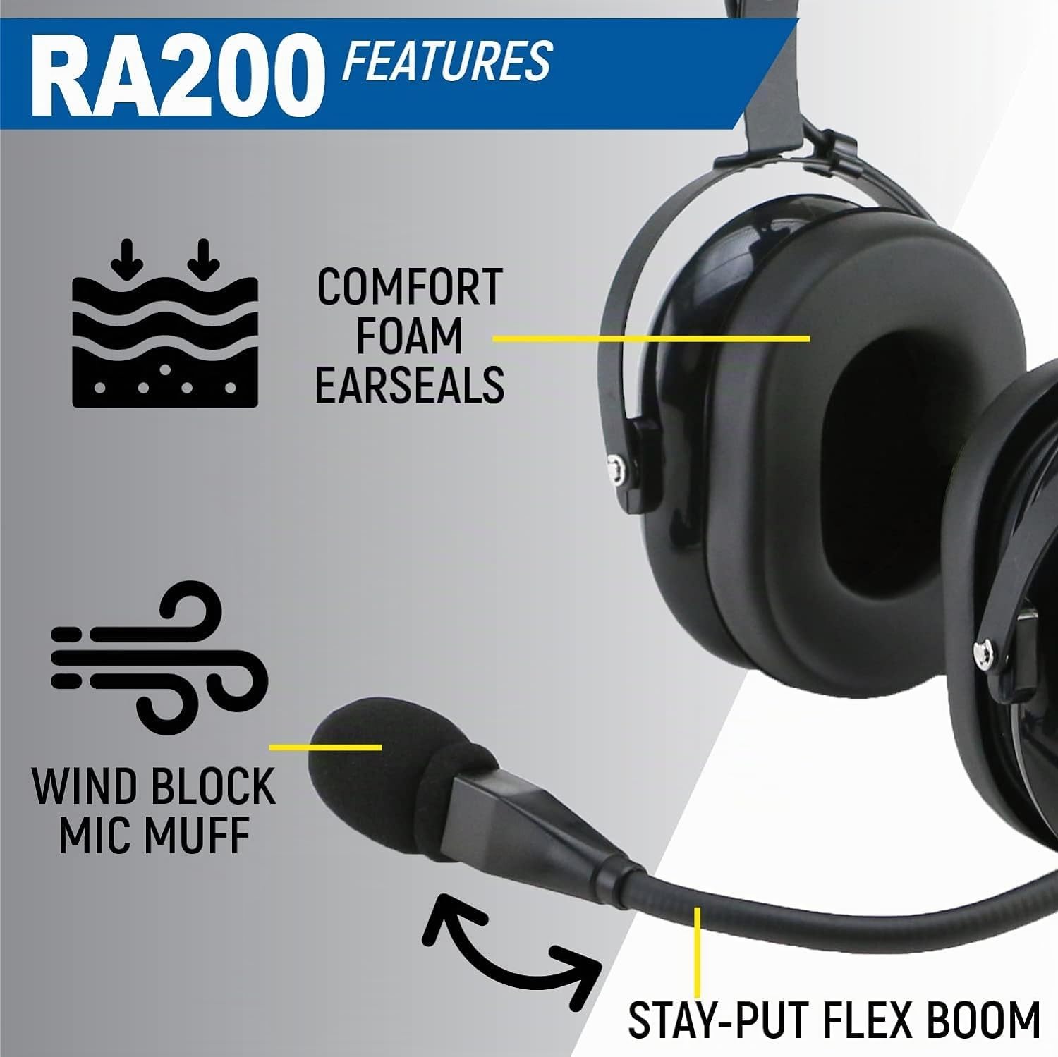 Rugged. Air RA200 General Aviation Headset für Studentenpiloten, mit passiver Geräuschreduzierung, verstellbarem Kopfbügel, Vollflex-Mikrofonarm und Headset-Tasche