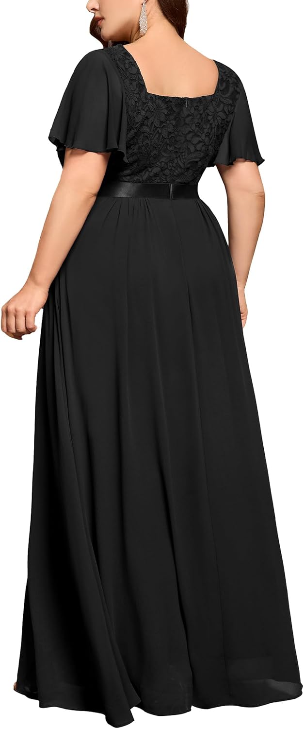 MISSMAY Women's Plus Size Floral Lace Ruffle Sleeves Beads Waist Chiffon Formal Party Maxi Dress - Image 2