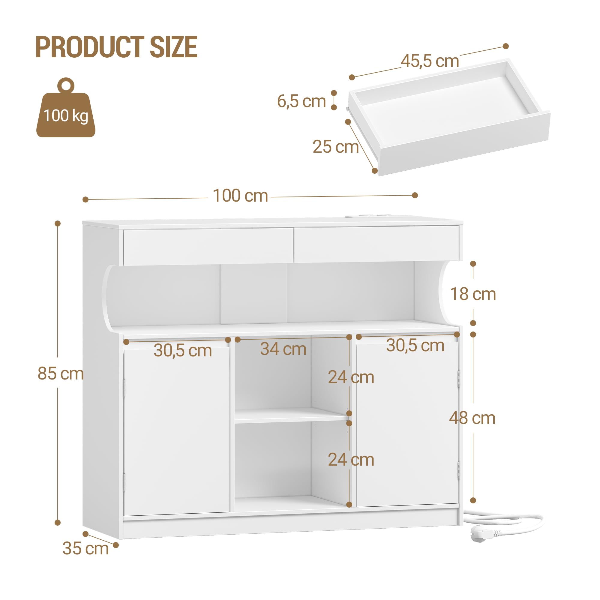 Hzuaneri Sideboard, Küchenschrank mit Steckdosenleiste und LED-Licht, Buffetschrank, 2 Schubladen und 2 Türen, Verstellbaren Regalen, Esszimmer, Küche, 35 × 100 × 85cm, Weiß SC64903X