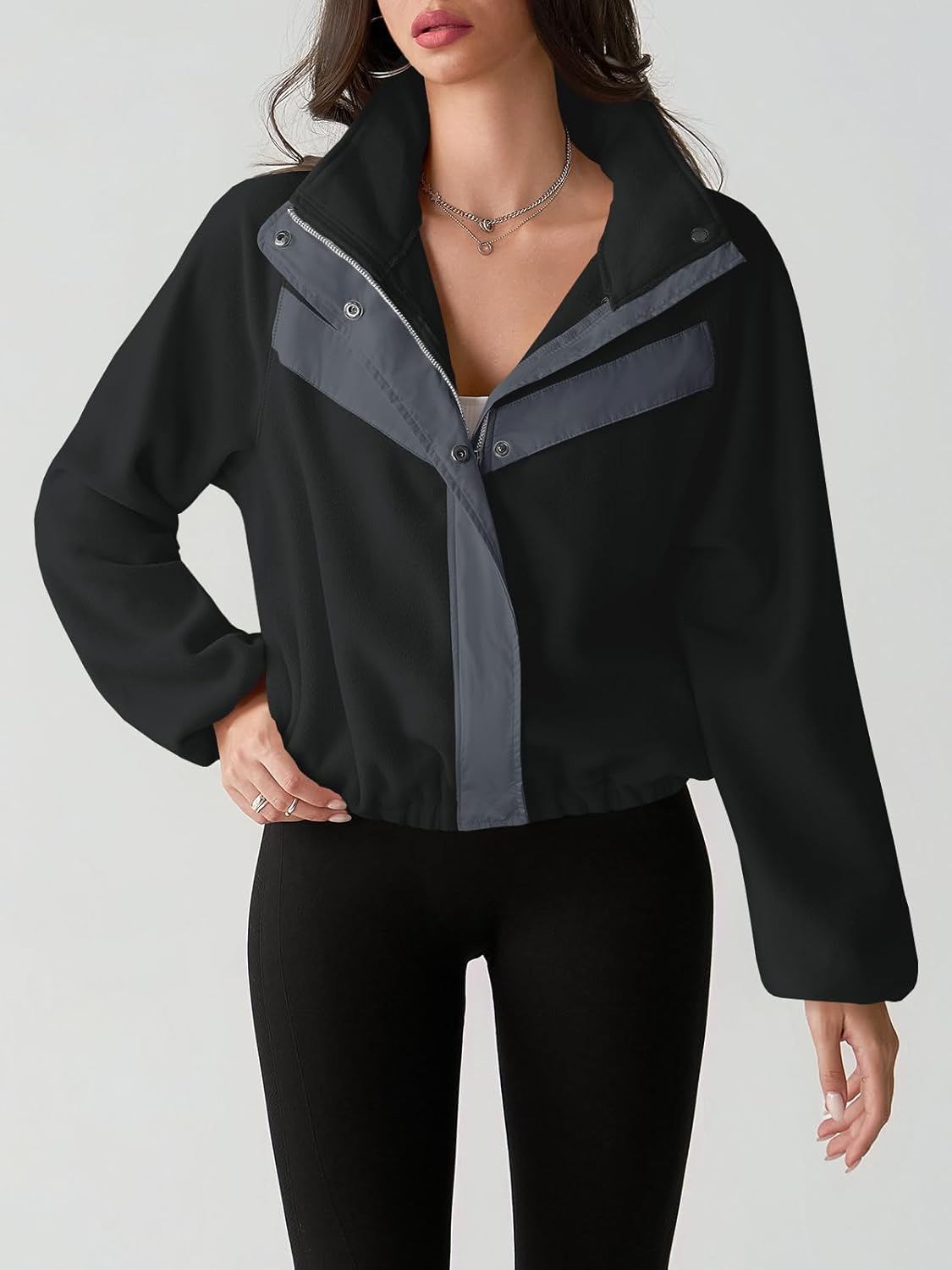 Fisoew Womens Fuzzy Fleece Cropped Jackets 2025 Fall Long Sleeve Zip Up Stand Collar Sherpa Jacket Winter Coats with Pockets - Image 5