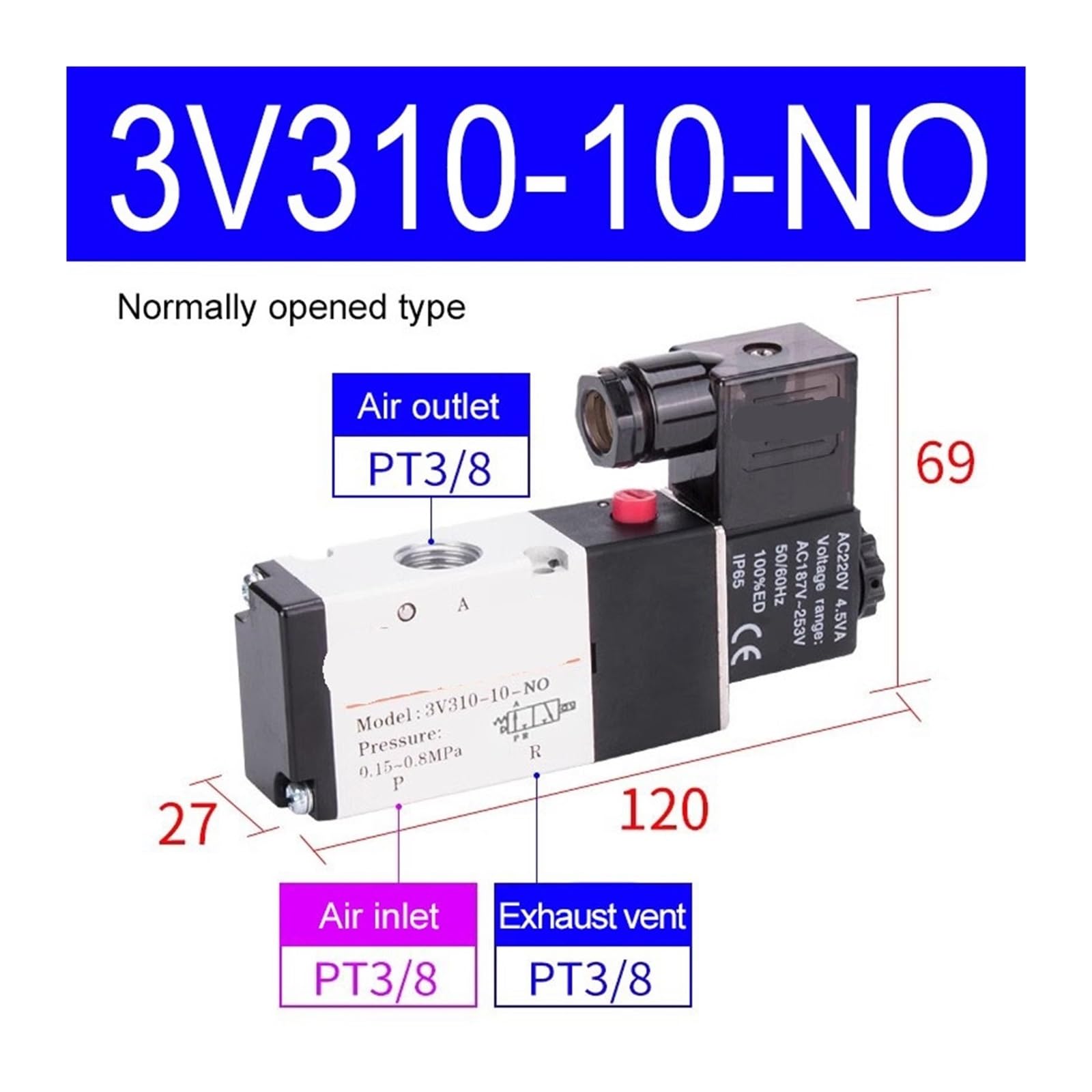 Electroválvula neumática de 3/2 vías 3V110-06, 3V210-08 y 3V310-10, válvula direccional de Control de Aire, 12, 24, 110 y 220 V(3V310-10-NO,DC 12V)