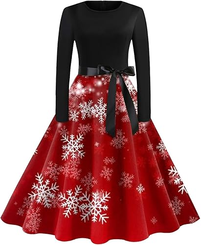 JJHAEVDY Vestidos para mujer 2023 con cuello redondo, manga larga, estampado navideño, dobladillo oscilante, vestido casual