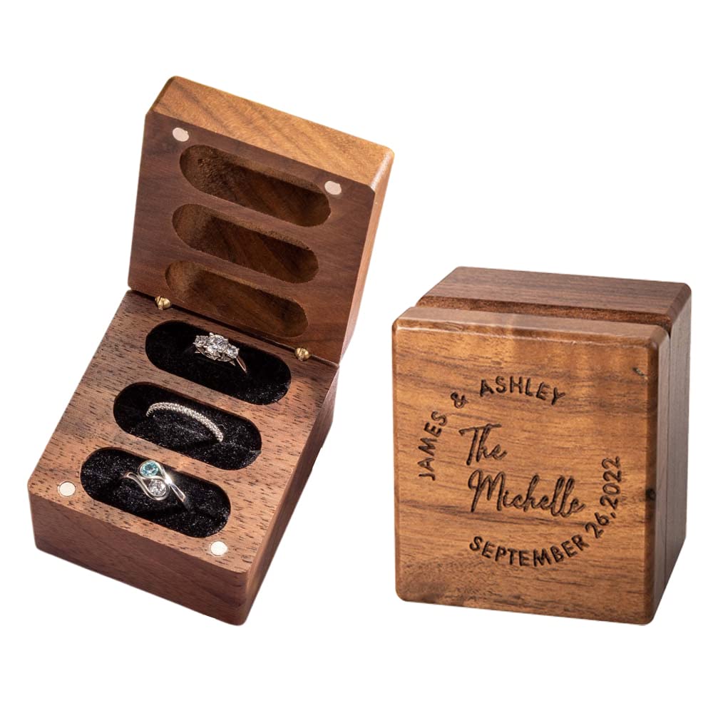Custom Ring Box for Wedding Ceremony Birthday Engagement Ring Box for Proposal Bearer Box Walnut Storage Wooden Box Wood Ring Holder for 3 Rings Rustic Triple Flip Jewelry Ring Boxes Organizer