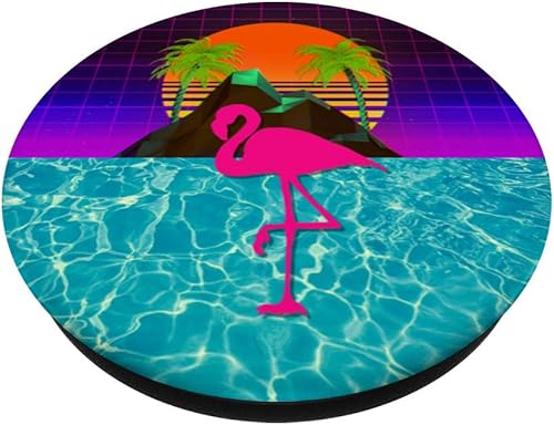 Miniatura 2 de Vaporwave Flamingo Sunset Palm Retrowave Synthwave PopSockets - Soporte para teléfonos y tabletas, Negro