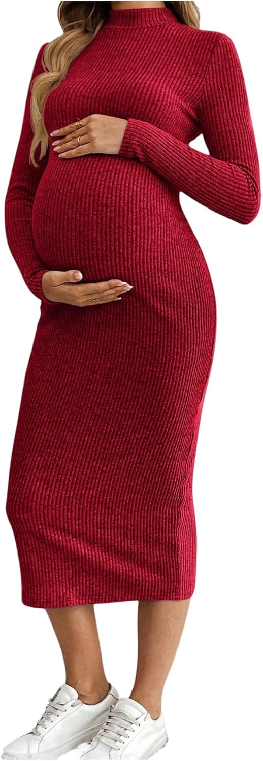 MakeMeChic Women's Maternity Dress Long Sleeve Mock Neck Casual Knit Bodycon Dresses