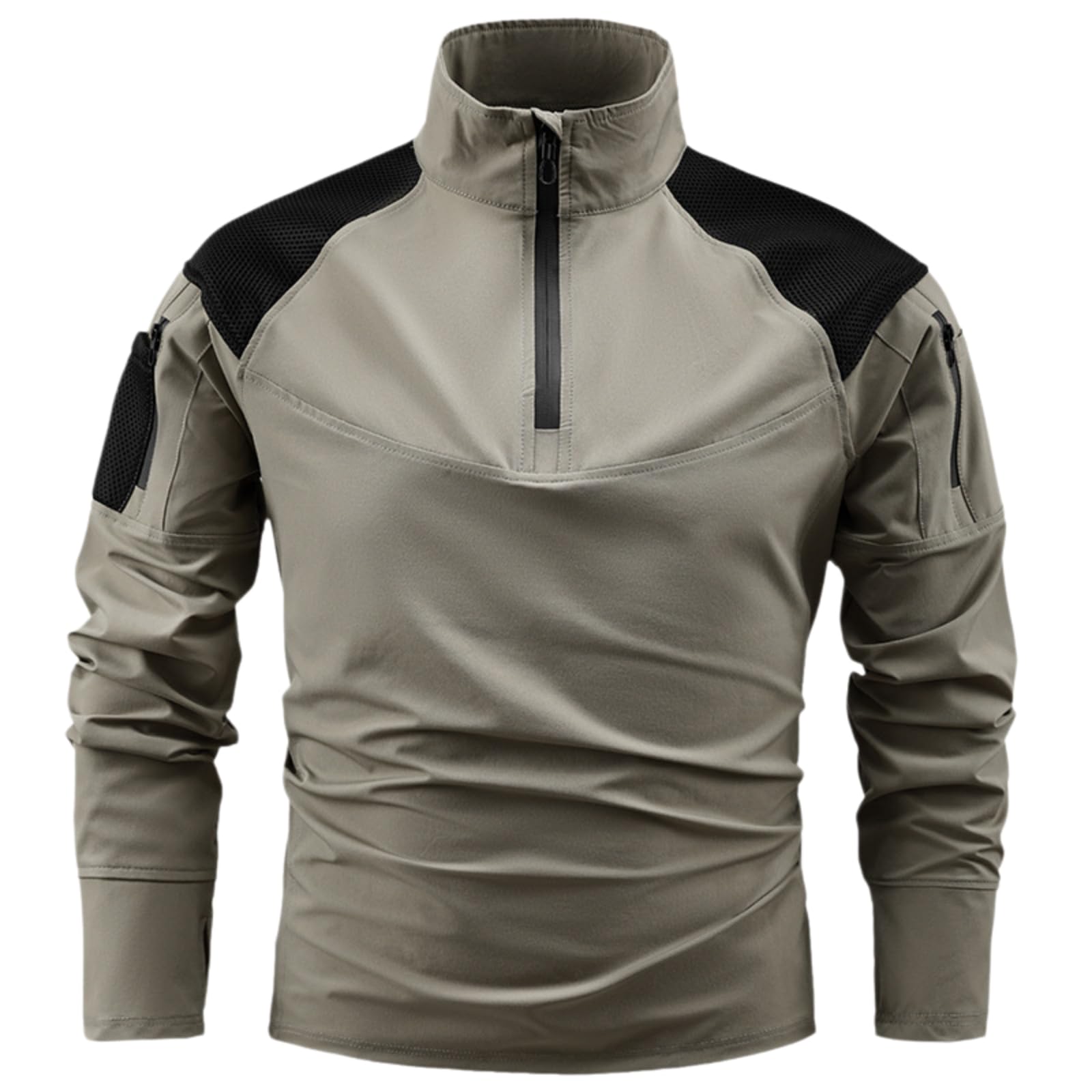 Men's Quarter-Zip Stand Collar Tactical Shirt, Breathable Long Sleeve Outdoor Hiking Top with Zipper Pockets