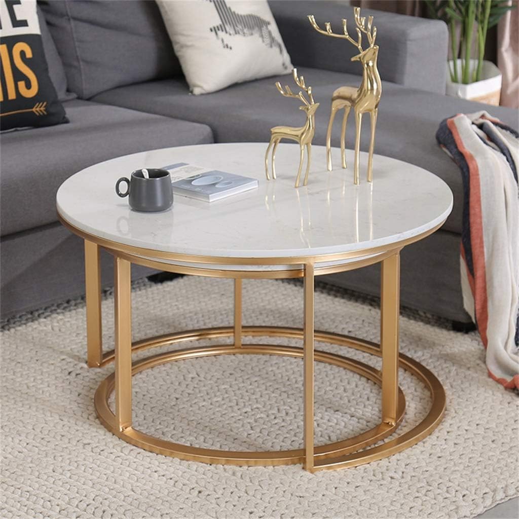 大理石と金属の丸型ネストサイドエンドテーブル、ホワイト、リビング