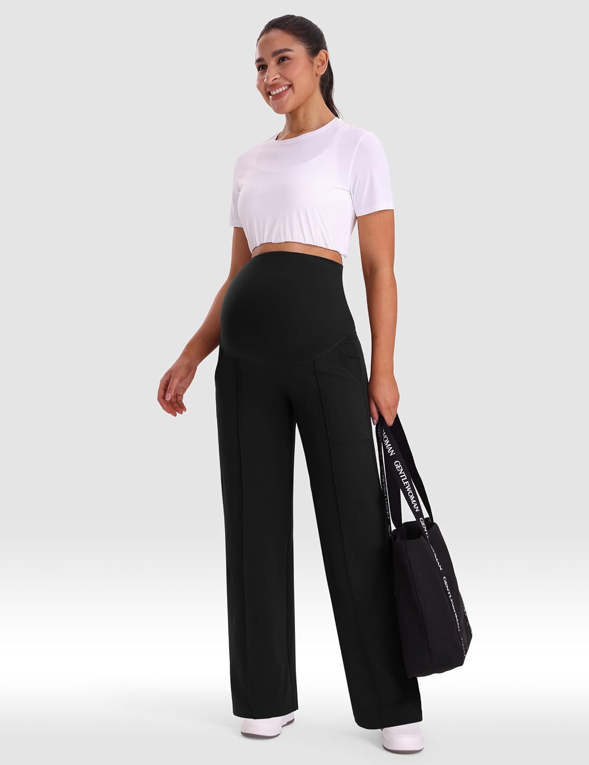 Mama Land Women Maternity Yoga Dress Pants Over The Belly Work Slack Pregnancy Wide Leg Lounge Trousers with Pockets
