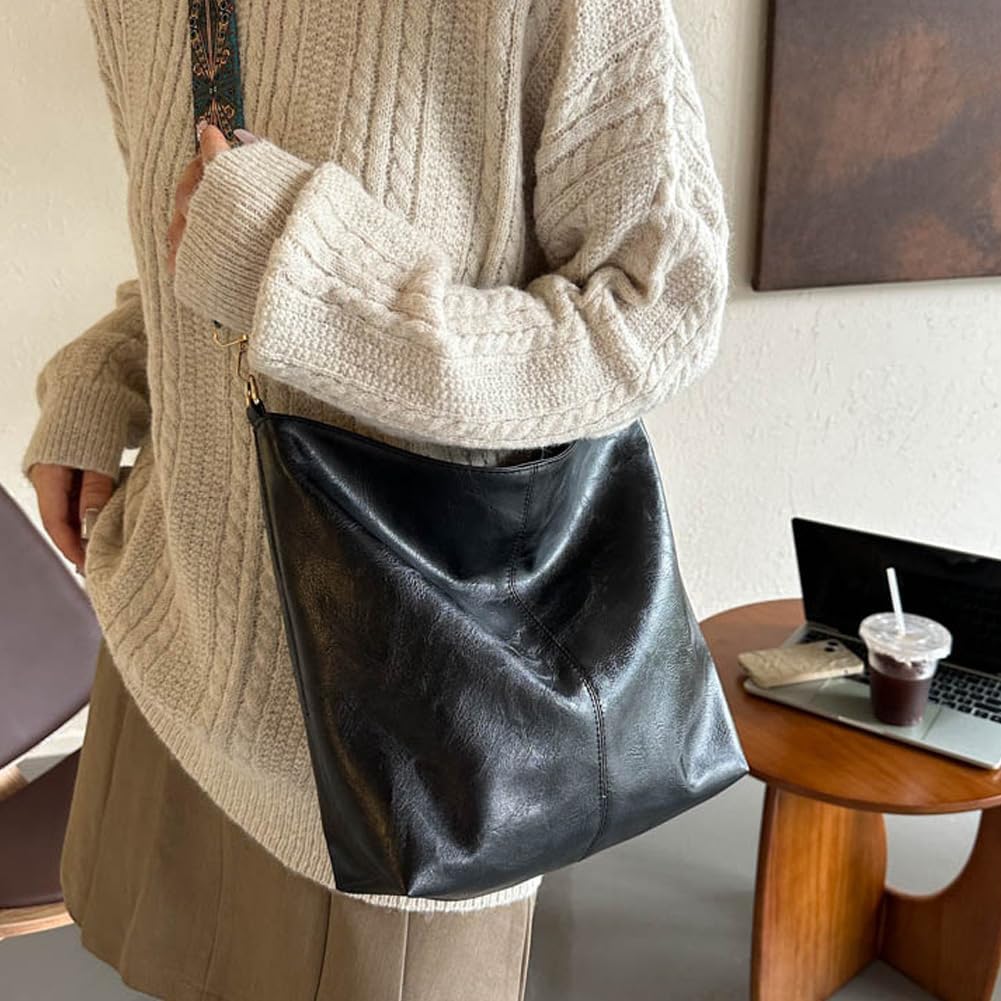 Vegan PU Leather Crossbody Hobo Bag with Zipper Black Stylish Shoulder Purses for Women Wide Guitar Strap Tote Bucket Bag for Working, Shopping, Traveling, Meeting, Daily Use - Image 4