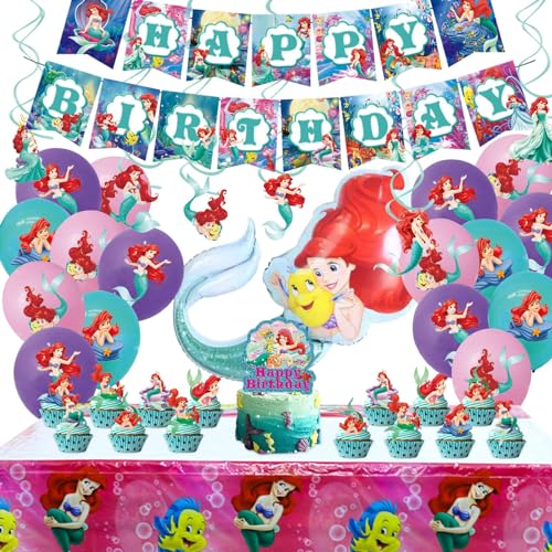 Ariel Birthday Party Supplies Party Decorations Set Include Banner Tablecloth Balloons Hanging Swirls Cake Cupcake Toppers for Girls Little Mermaid Party Decorations