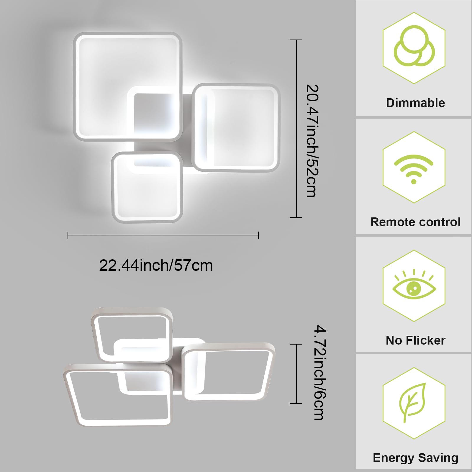 Toolight Deckenleuchte LED Dimmbar, 45W 5062LM Modern LED Deckenlampe Weiß, 57CM Quadrat Deckenbeleuchtung Dimmbar mit Fernbedienung 3000K-6500K für Schlafzimmer Wohnzimmer Küche Esszimmer