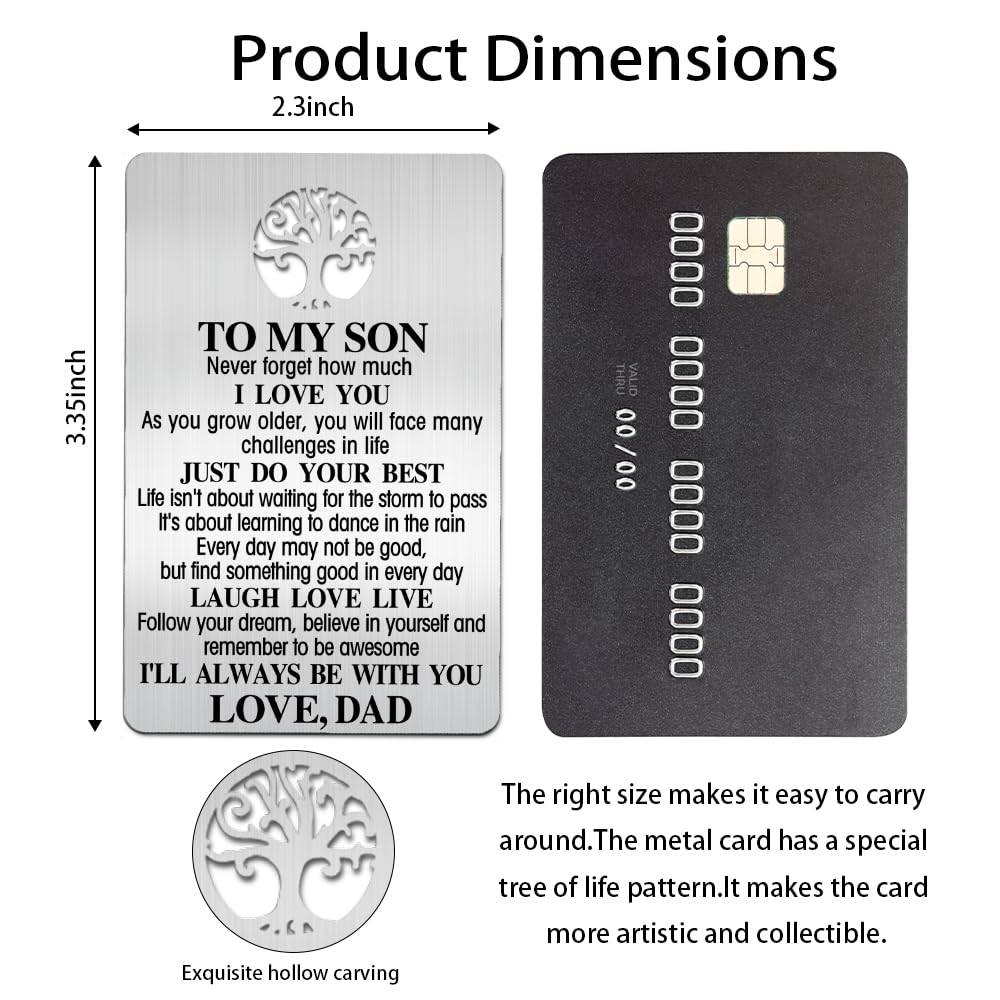 Tarjeta de cartera con texto en inglés "To My Son", tarjeta de inserción de metal grabada, nota de amor de papá, regalos para hijo con cita inspiradora, llegada a la mayoría de edad, regreso a