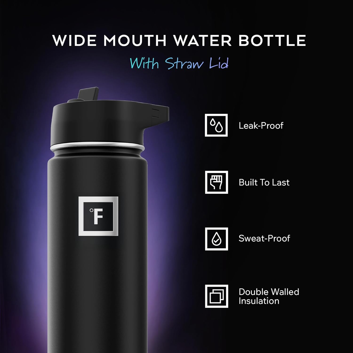 IRON °FLASK Camping & Hiking Hydration Flask with Straw, Wide Mouth Insulated Stainless Steel Sports Water Bottle - Midnight Black 22 oz - Straw (1 Lid) - Image 2