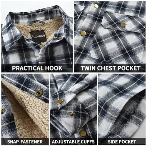 Image of Men's Sherpa Cotton Flannel Shirt Jacket Plaid Button Coat Pocket
