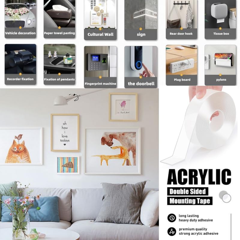 Miniatura 7 de Cinta nano de doble cara de 33 pies, impermeable y transparente, 22 libras, cinta de instalación resistente para decoración de pared, fijación de