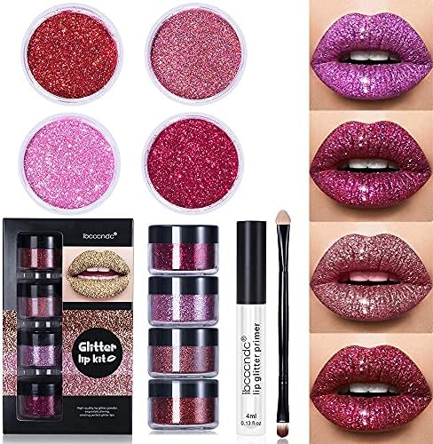 Ibcccndc Glitter Lip Kit Gloss Lipstick Metallic Glitter Lipstick Long Lasting Cruelty Free Long Lasting Waterproof 4 Colors Glitter Powder For Lips Art with Lip Primer and Brush (001)