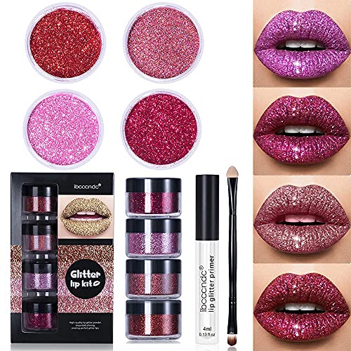 Ibcccndc Glitter Lip Kit Gloss Lipstick Metallic Glitter Lipstick Long Lasting Cruelty Free Long Lasting Waterproof 4 Colors Glitter Powder For Lips Art With Lip Primer And Brush (001) #TOP15