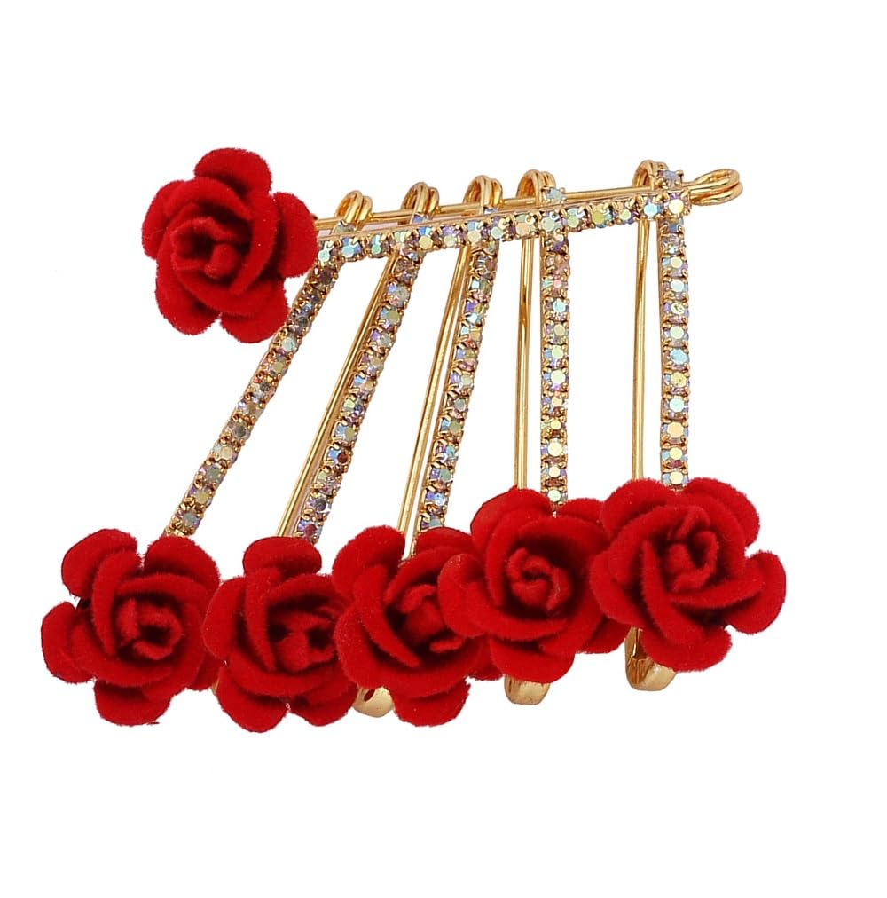 FASHIONS Red Rose Stone Safety Sari Brooch Clip Dresses Pleats Pallu Saree Pins for Women