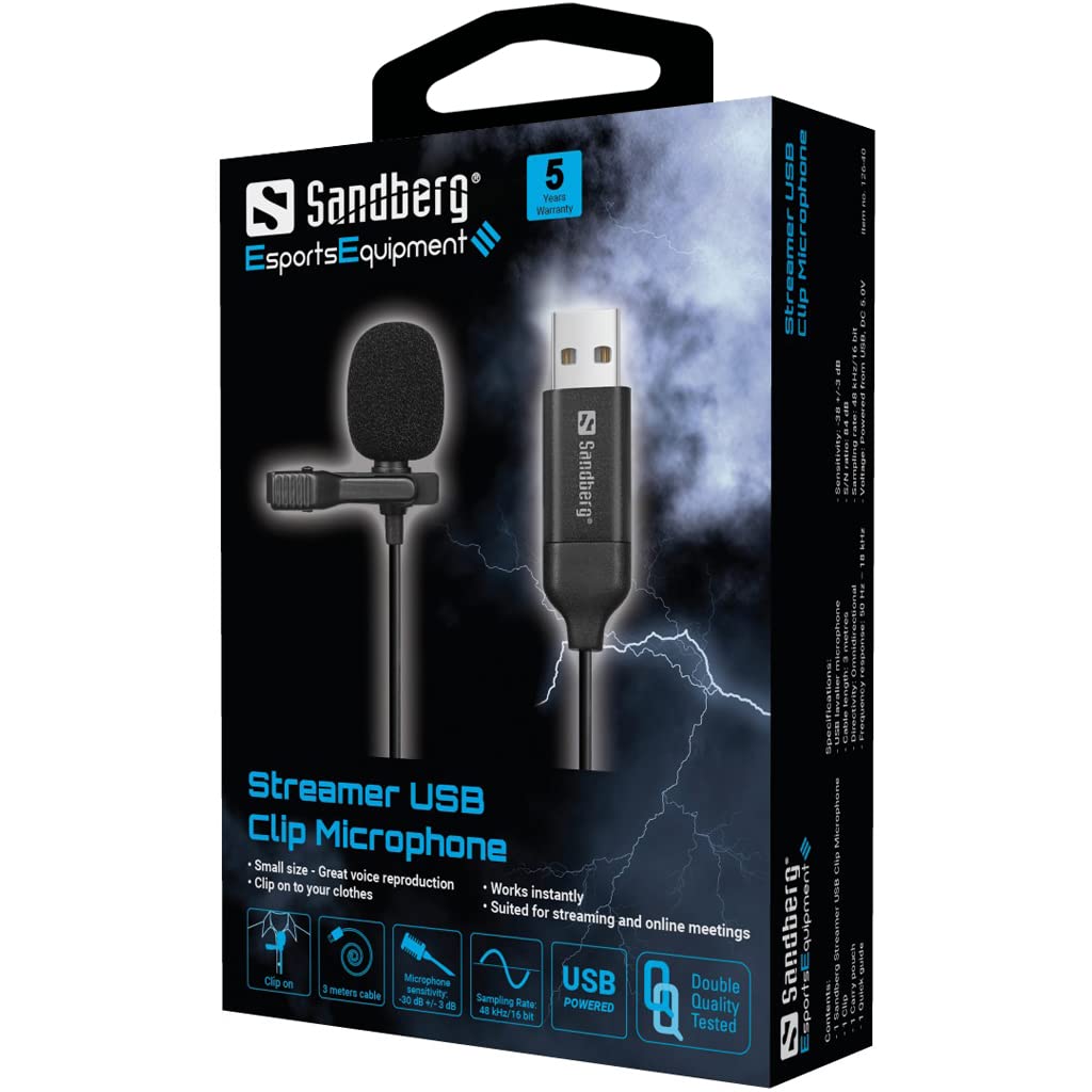 Sandberg Streamer, microfono con clip USB, omnidirezionale, microfono lavalier a clip, per computer portatile, USB-A, Plug & Play, per lo streaming di riunioni online, giochi, registrazione video,
