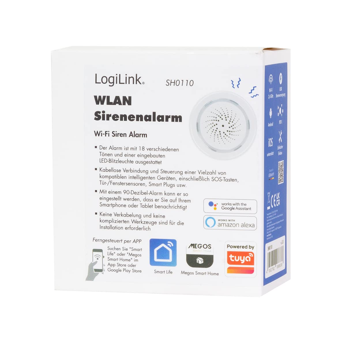 LogiLink SH0110 - Wi-Fi Smart Home Alarmsirene (90db), über App steuerbar, IP20, Tuya kompatibel, unterstützt Amazon Alexa und Google Home