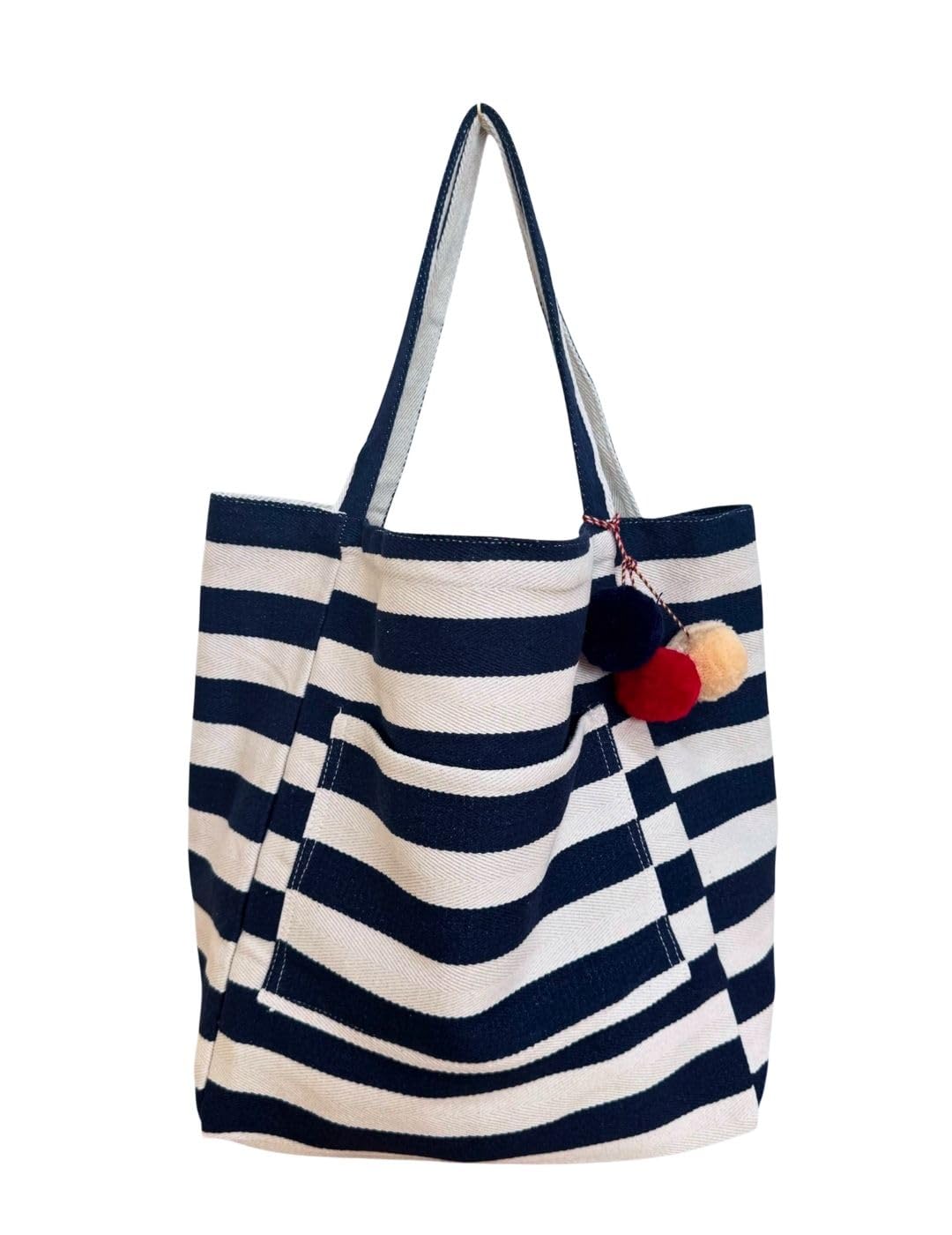 happymaker - Leichte XXL Strandtasche Damen, blau weiss gestreifte Sommertasche aus Stoff für Urlaub & Strand, großer Shopper leicht & faltbar mit buntem Pom Pom Anhänger