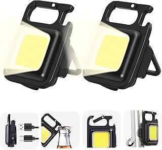 Mini LED Flashlight Torch, COB Keychain Flash light 1000 Lumens 2 Pack, Portable Pocket Keyring Torch 4 Light Modes, Work Light with Folding Bracket, Bottle Opener Magnet Base [Energy Class A+++]