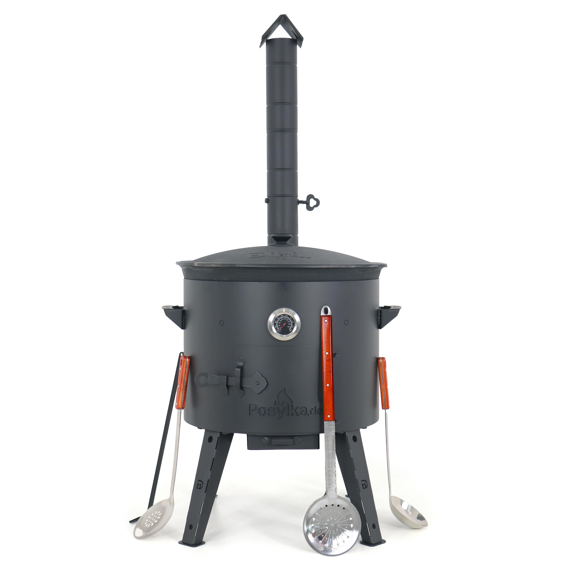 Utschak Feuerofen Ø 49 cm mit Thermometer & Gusseisen Topf 22 L, Ø 52,7 cm Kazan-Set mit Deckel Outdoor Feuerschale Gulaschkanone Usbekischer Kochtopf aus Gusseisen Gartenküche