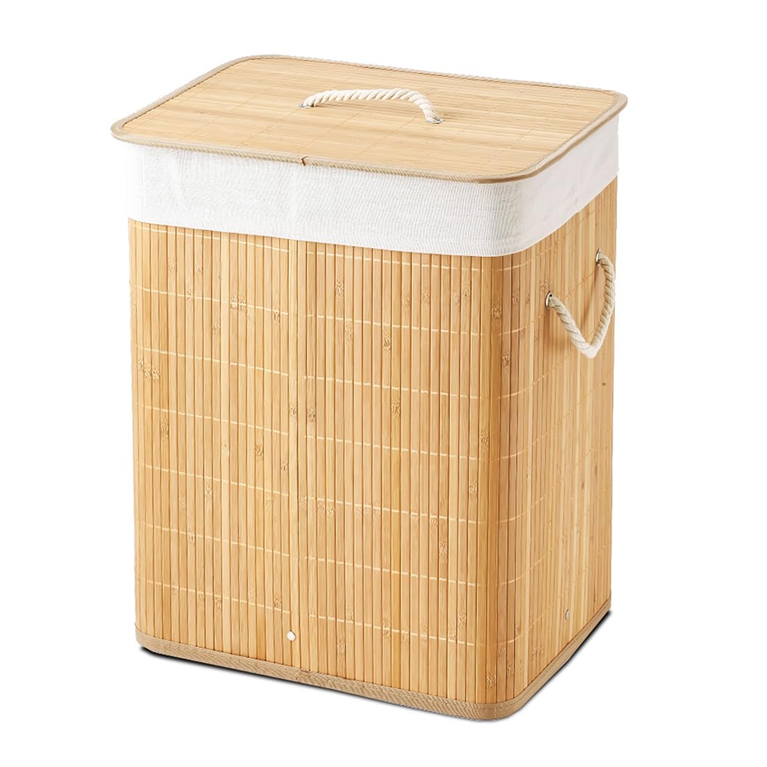 Acomoda Textil – Cesta de Bambú Plegable con Tapa y Asas para Lavandería de Gran Capacidad. Cesto Grande Organizador para la Ropa con Bolsa Extraíble y Lavable Color Madera. (40x30x50 cm)