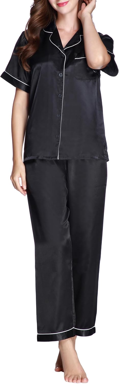 Lavenderi Women's Short Sleeve Classic Satin Pajama Set - Soft Silky Sleepwear for Women, Comfortable & Stylish image 2