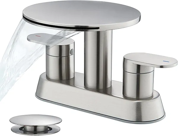 Waterfall Bathroom Sink Faucet 3 Hole Brushed Nickel，Modern 2 Handle Vanity Faucet for Bathroom Sink 4 inch Centerset with Round Shelf & Metal Pop-Up Drain