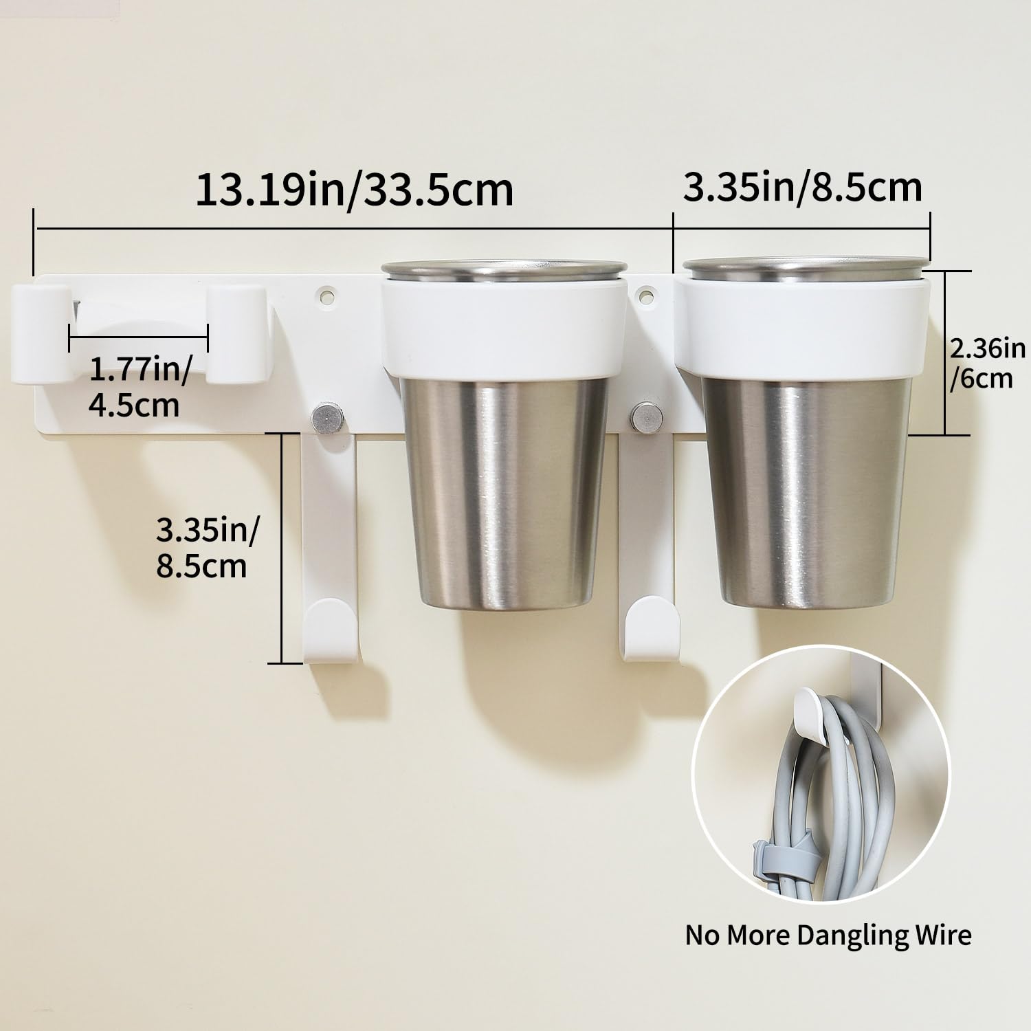 Organizzatore per utensili da parrucchiere, organizer da parete per strumenti caldi, supporto da parete in alluminio, supporto da parete per asciugacapelli con 2 tazze in acciaio inox, per