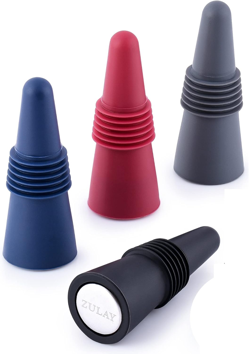Zulay (Set of 4) Airtight Silicone Wine Stoppers - Reusable Wine Stopper With Stainless Steel Core - Beverage & Wine Bottle Stoppers - Flexible Bottle Stopper (Assorted Colors)