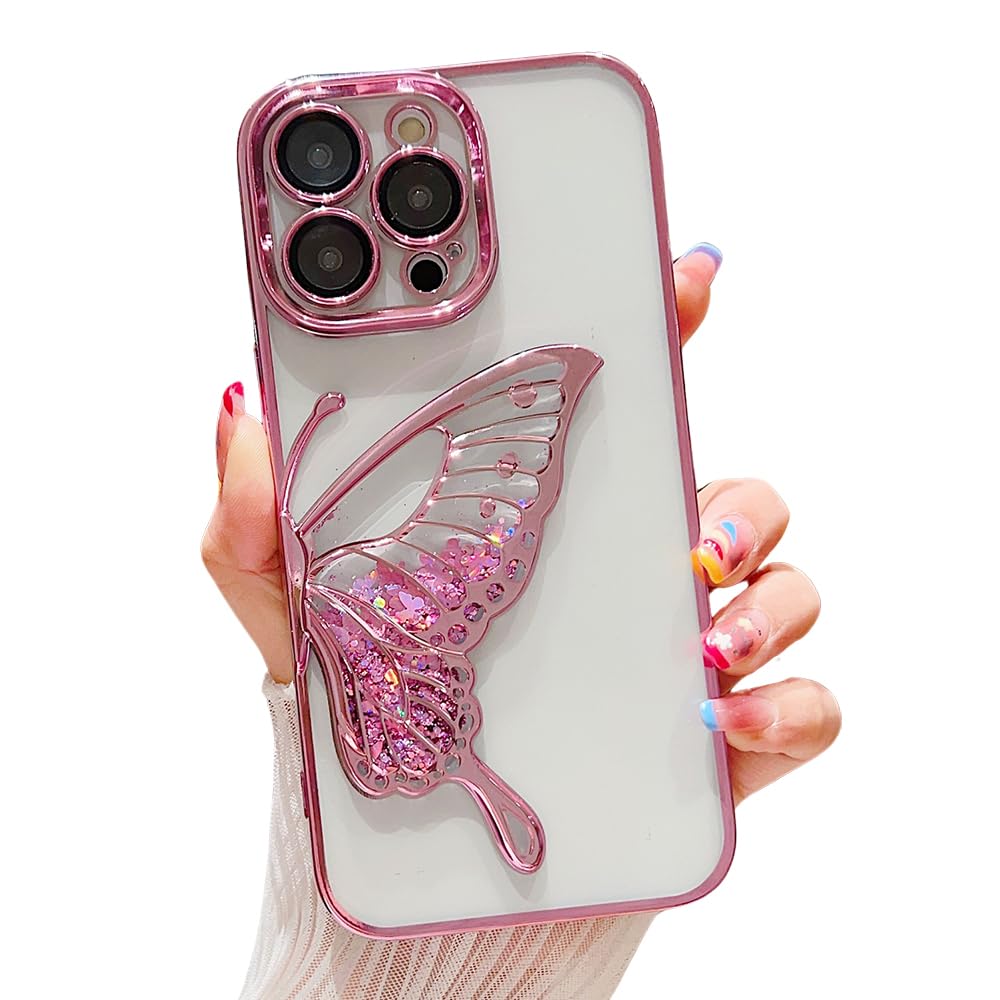 Casechics Compatible with iPhone Case,Glitter Electro Plated Butterfly Liquid Sand Clear Camera Lens Protection Soft Shockproof Cover Phone Case (Pink