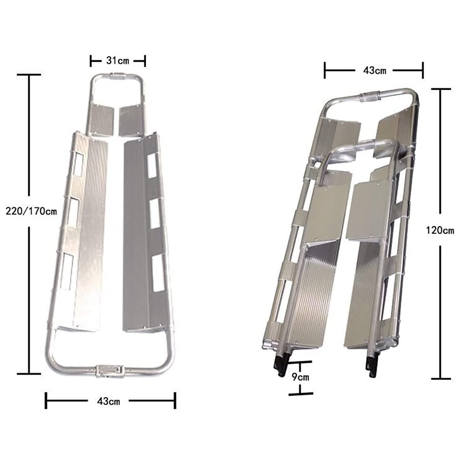 Portable Premiers Soins Brancard, Civière pliable en alliage d'aluminium épaissie, Civière de transport de patient amovible à longueur réglable pour une utilisation hospitalière d'urgence à domicile