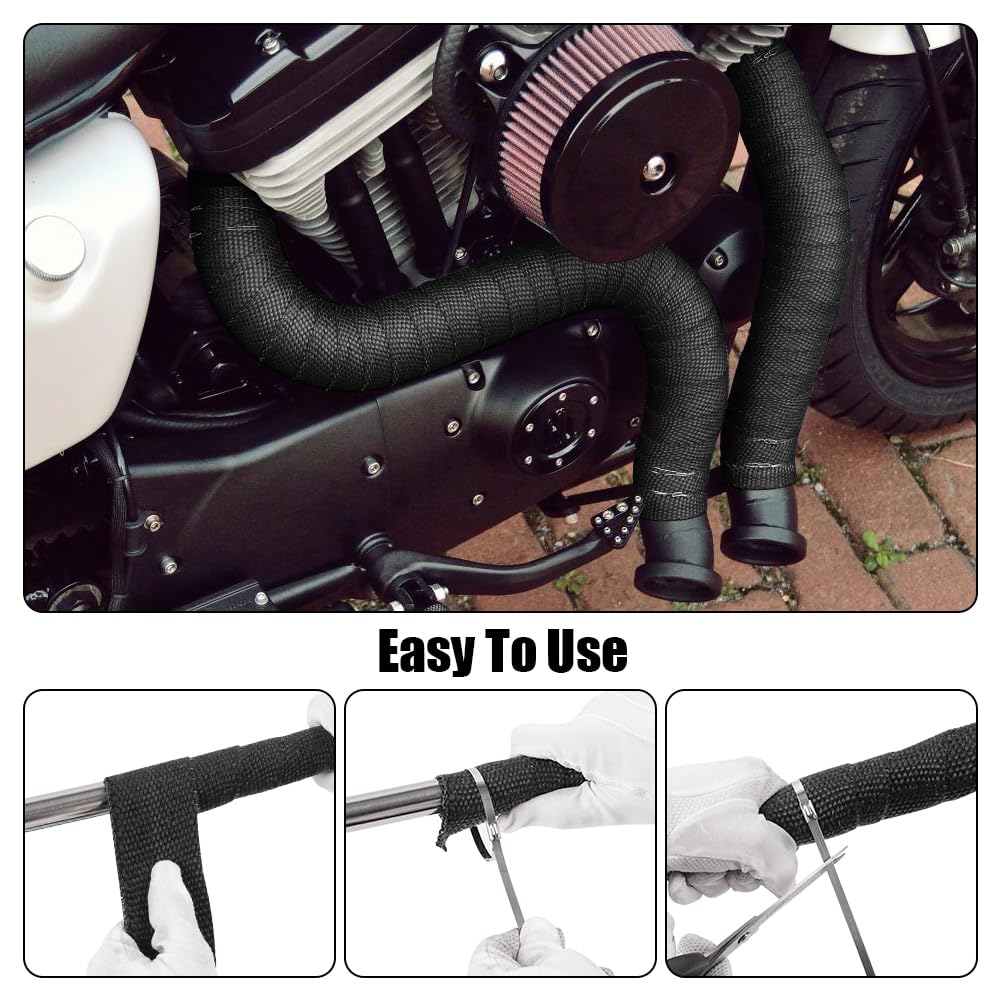 Fascia di Protezione dal Calore 10m x 5cm Bende Termiche Moto Nastro Termico Isolante con Fascette Metalliche Nero