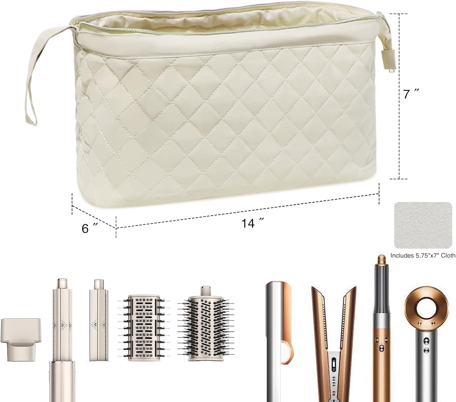 Stratalife Quilted Hair Tools Travel Bag with Polishing Cloth Compatible with Dyson Airwrap Shark Flex Style, Portable Toiletry Bag Hair Dryer Curling Iron Carrying Case Travel Essentials Khaki