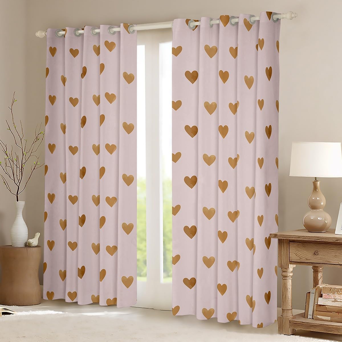 2 Panels,52X84 Inch Pink Window Curtains for Girls,Cute Heart Blackout Curtains for Kids Boys Teens Aesthetic Light Pink Room Decor Window Treatments Drapes for Living Room Pink Preppy Curtain