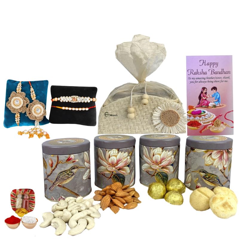 Image of NUTRI MIRACLE Rakhi and Bhai Dooj Combo Gift for Brother with Almonds, Cashews, Tilak Kit and Festive Card in Packing