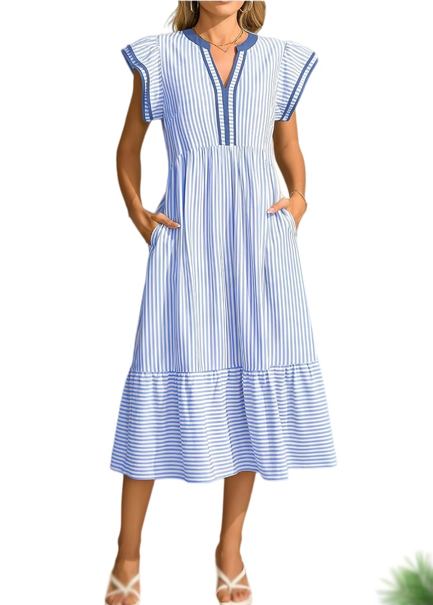 Generico Abito Midi da Donna a Righe con Scollo a V e Maniche con Volant – Modello Fluido da Spiaggia