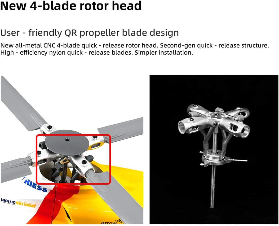 Close-up view of the BELL-412's 4-blade quick-release rotor head and a separate image of the all-metal CNC rotor head assembly.