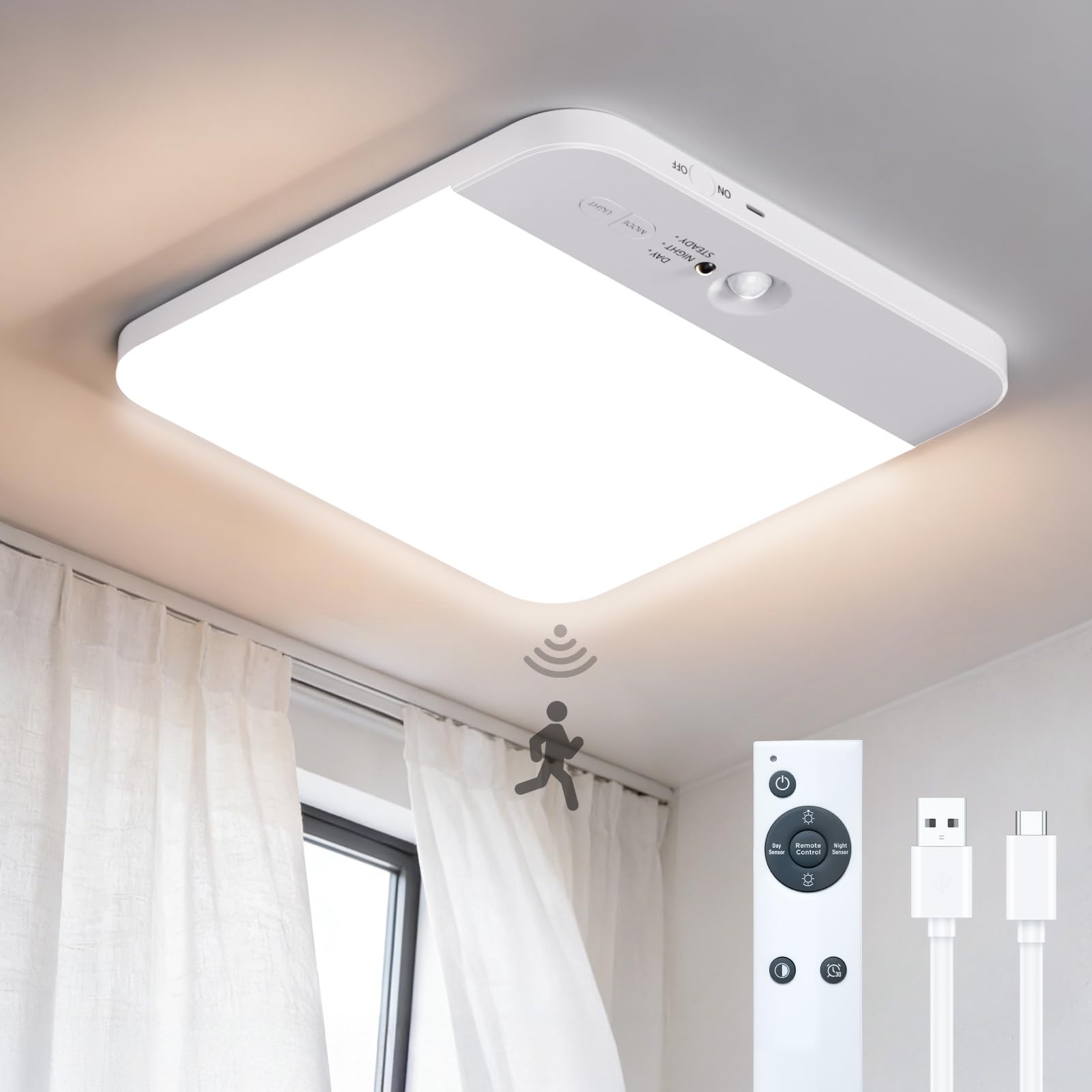 Wireless Rechargeable Ceiling Light with Battery, Motion Sensor, Remote Control and Timer, 3 Colour Temperatures, for Bathroom, Garage, Stairs, Hallway-image-48