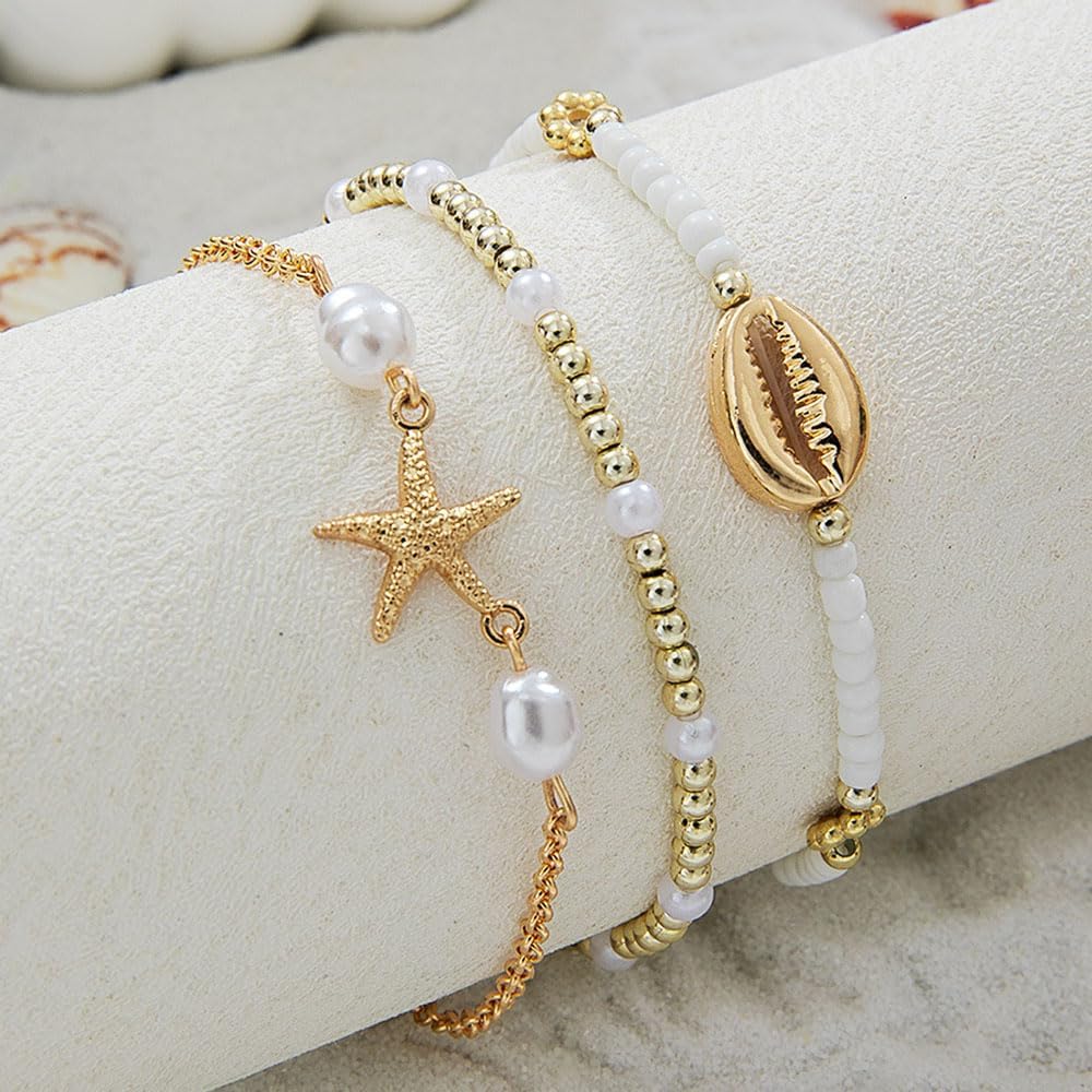 Beach Jewelry Accessories for Women,Trendy Gold Seashell Starfish Bracelet Set Charm Pearl Beaded Layered Bracelets,Boho Stackable Stretch Bracelets - Image 4
