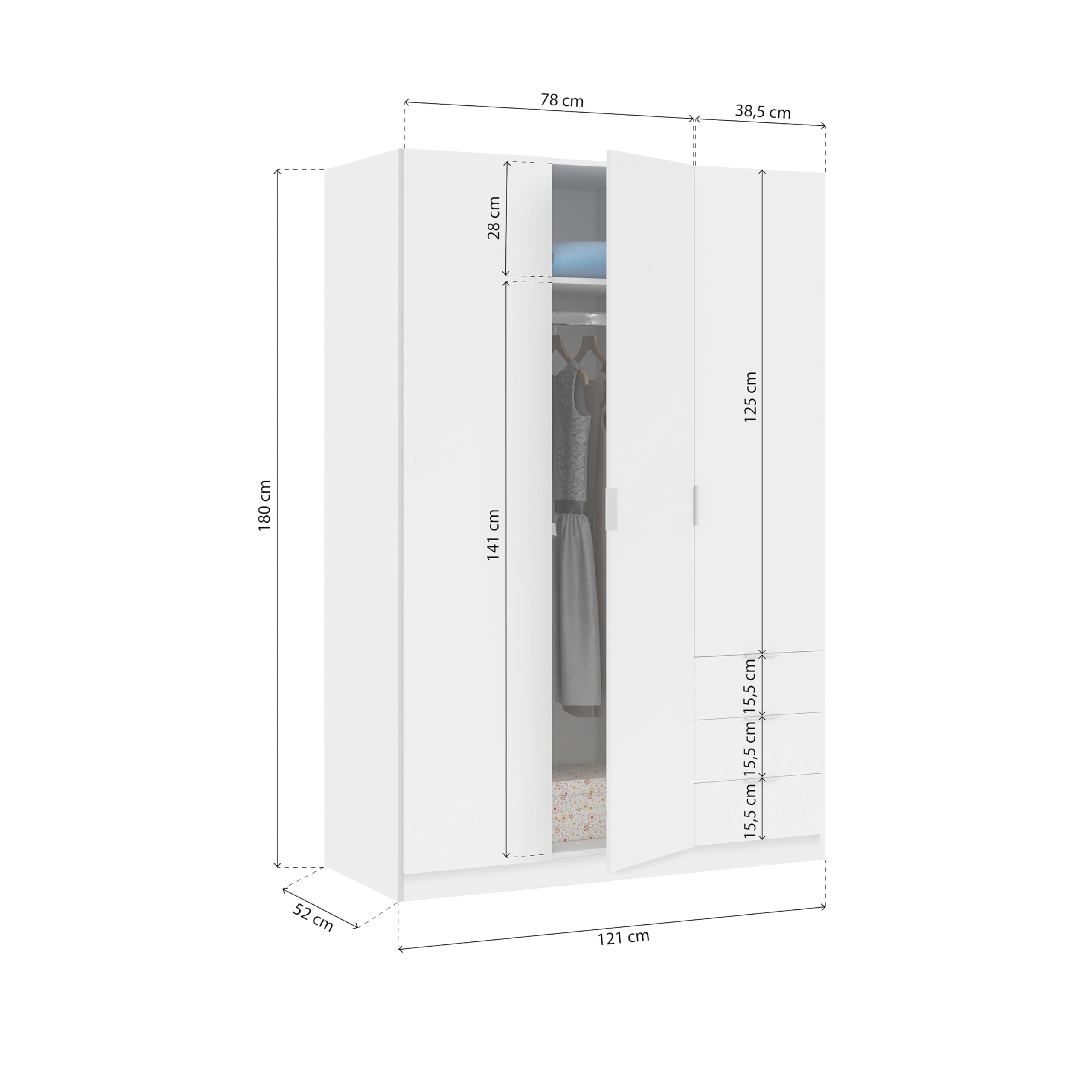 duehome | Armario de 3 Puertas y 3 Cajones, Armario para Dormitorio, Modelo Hexa, Acabado en Blanco Soft, Medidas: 121 cm (Largo) x 180 cm (Alto) x 52 cm (Fondo)