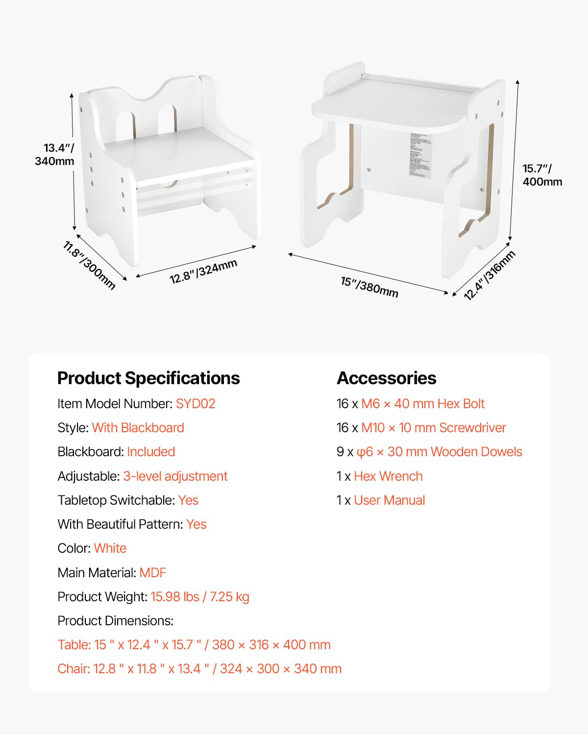VEVOR Ensemble Table et Chaises pour Diversification Alimentaire Enfants, Mobilier pour DME en Bois avec Tableau Noir, Table de Sevrage Hauteur Réglable, pour Dessiner Lire Manger, Tout-Petits, Blanc