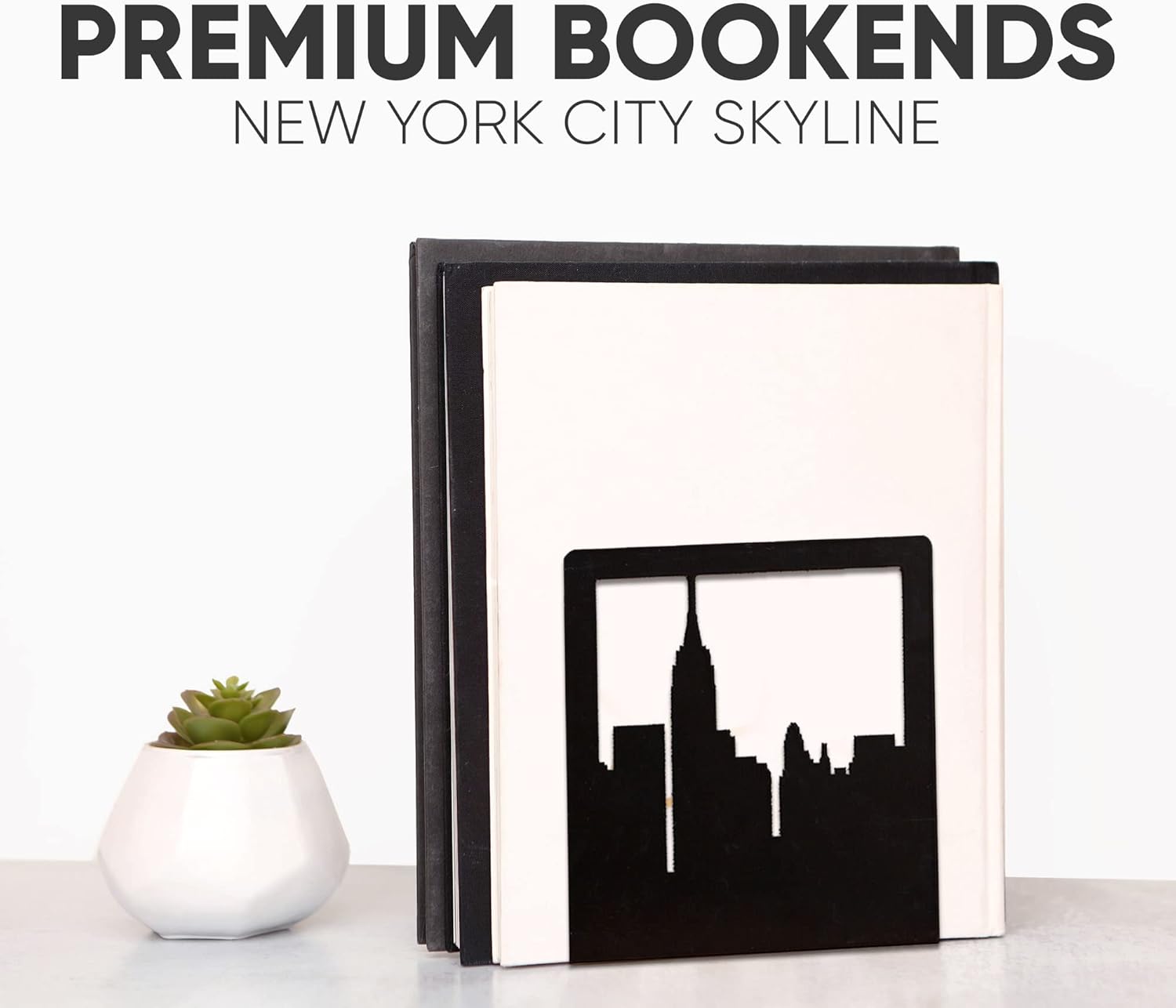 NYC Skyline Black Bookends for Heavy Books, Premium Book Ends for Office, Sturdy Book Stopper, Rustproof and Durable Bookends Decorative Unique for Home, 6.5 (L) x 6 (W) inches, 1 Pair - Geomod : Home & Kitchen