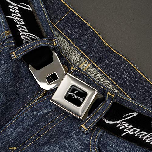 Image of Buckle-Down Seatbelt Belt - IMPALA Script Emblem Black /Silver - 1.0 inch Wide - 20-36 Inches in Length