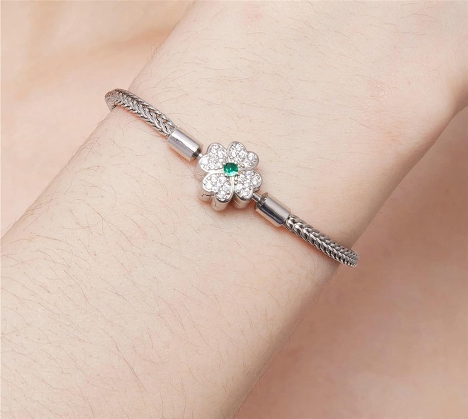 YANHAO 925 Sterling Silver Four-Leaf Clover Snake Basic Bracelet Pave Setting CZ for Women Beads and Charms DIY Fine Jewelry (Size : 17cm)