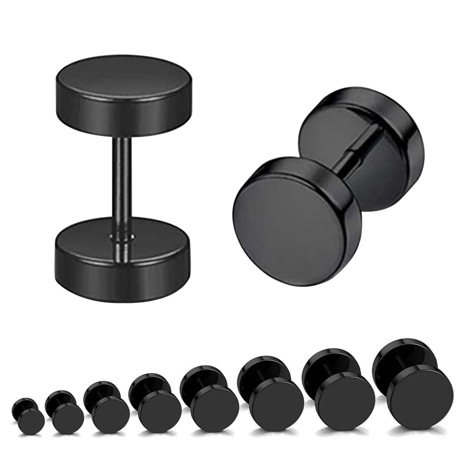 SYEYCW 8 pares de aretes negros, aretes de tuerca negros, aretes de acero inoxidable, juego de aretes de rosca de 3 a 10 mm, aretes negros hipoalergénicos, juego de aretes negros para hombres y