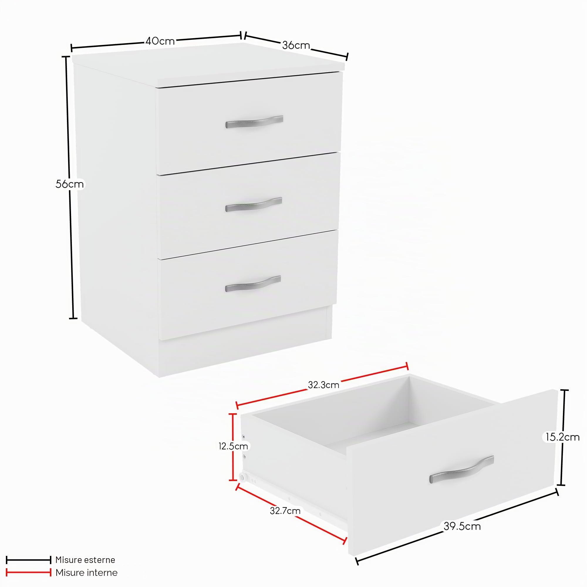 Home Discount Bianco cassettiera, 3 cassetti con Maniglie in Metallo e corridori, Sistema Unico con Guide, Camera da Letto Riano Storage Furniture